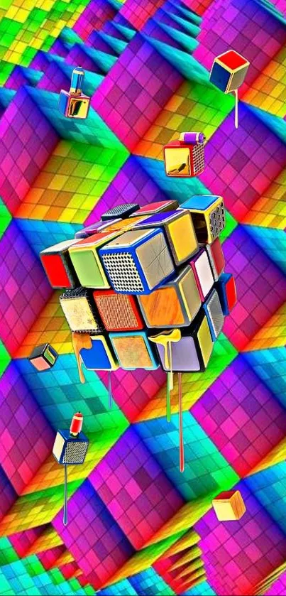 Vibrant 3D cubes with a Rubik's Cube design in psychedelic colors.