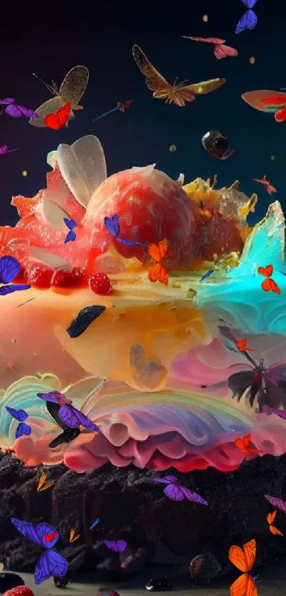 Colorful 3D dessert art with butterflies in vibrant hues.