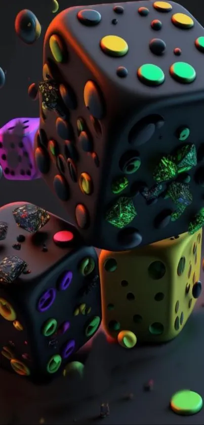 Vibrant 3D dice with colorful spots on a black background.