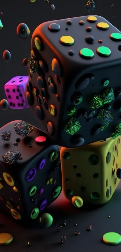 Vibrant 3D dice with neon colors, on a black background.