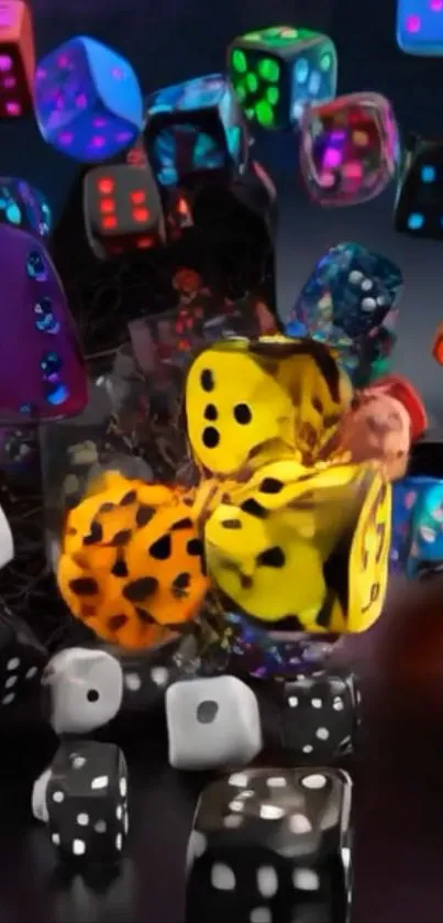 Colorful 3D dice scattered in vibrant motion.