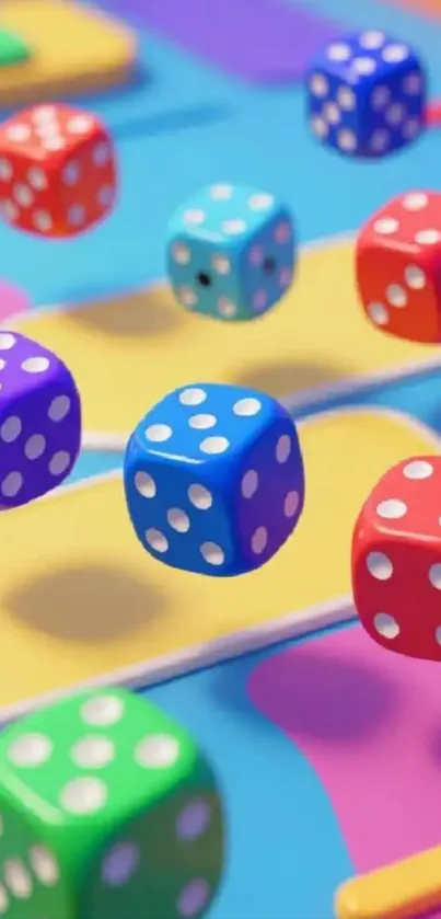 Colorful 3D dice floating on a vibrant background.