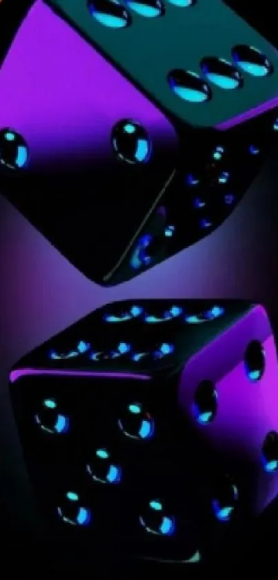 3D neon dice with vibrant purple and blue hues.