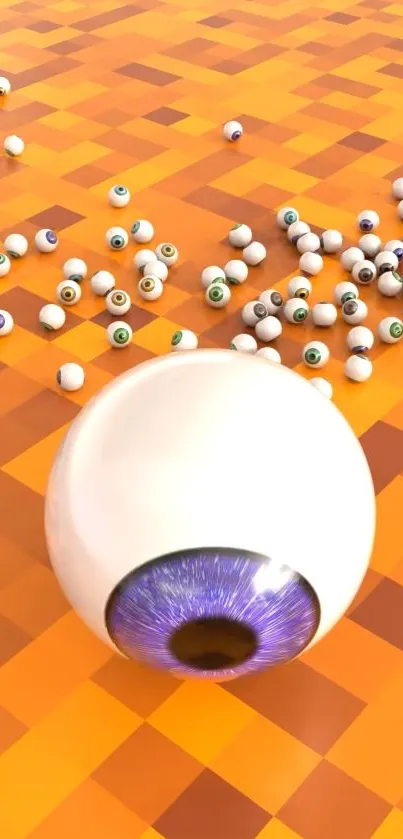 3D eyeball on vibrant orange pixel background.