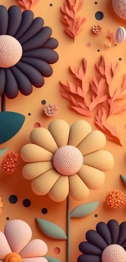 Vibrant 3D floral art wallpaper in orange and purple hues.