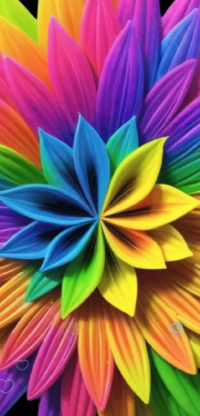 Colorful 3D floral wallpaper with vibrant rainbow petals.