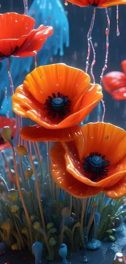 Vibrant 3D poppies in a colorful art design wallpaper.