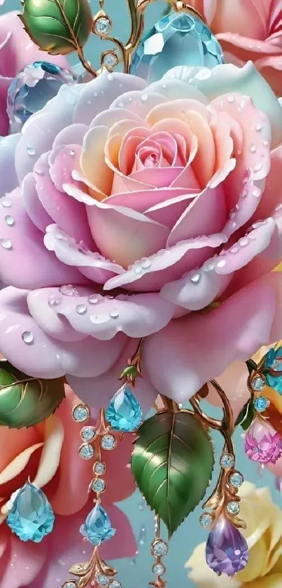 Floral wallpaper with roses and gemstones, vibrant and decorative.