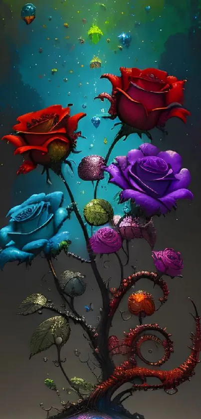 Vibrant 3D floral wallpaper with colorful roses and an abstract cosmic background.