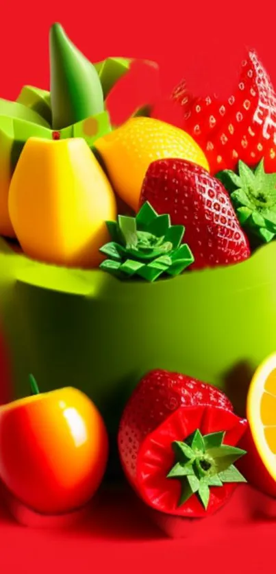 3D fruit art wallpaper with vivid red background and colorful fruits.