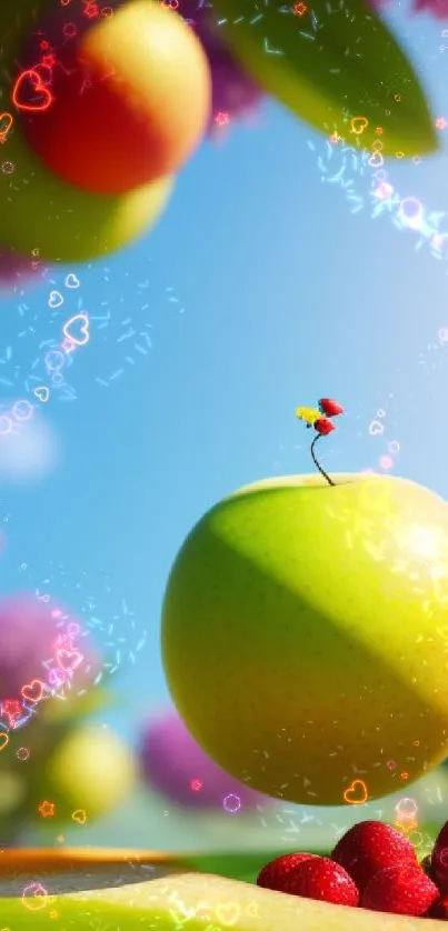 3D wallpaper with a floating apple and colorful fruits.