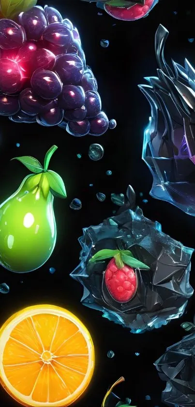 3D vibrant glossy fruit wallpaper on dark background.