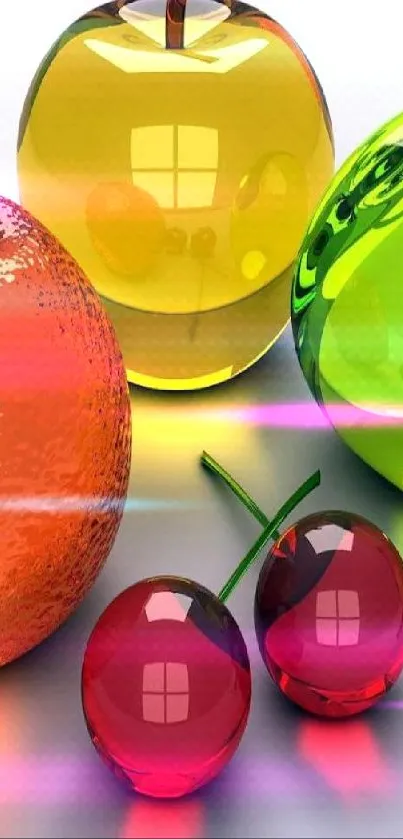 Vibrant 3D fruit wallpaper with glass apples and cherries.