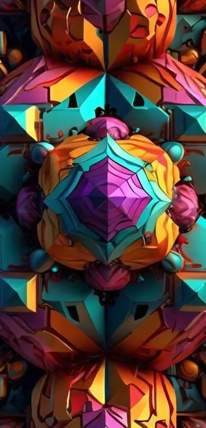 Vibrant 3D geometric art wallpaper with colorful shapes and patterns.