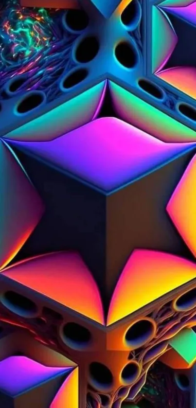 Vibrant 3D geometric wallpaper with neon colors and abstract design.