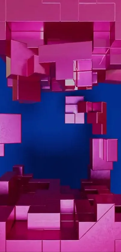 Vibrant 3D geometric pink blocks on blue background.
