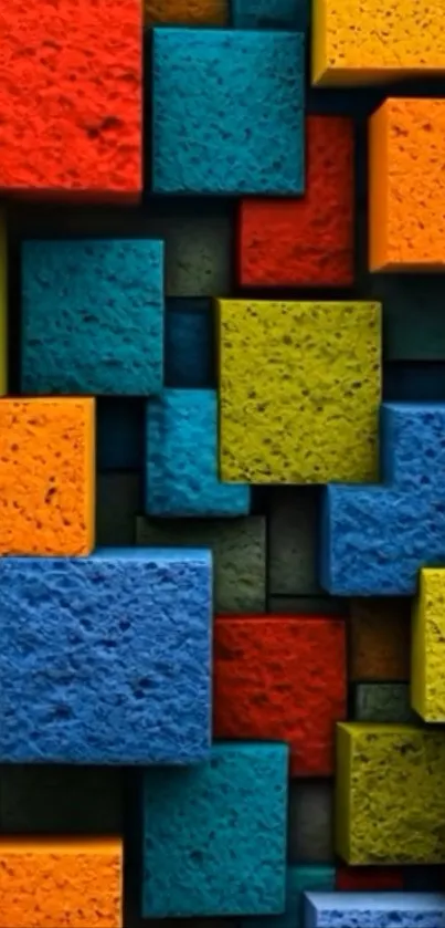 Vibrant 3D geometric blocks wallpaper with orange, blue, and green colors.