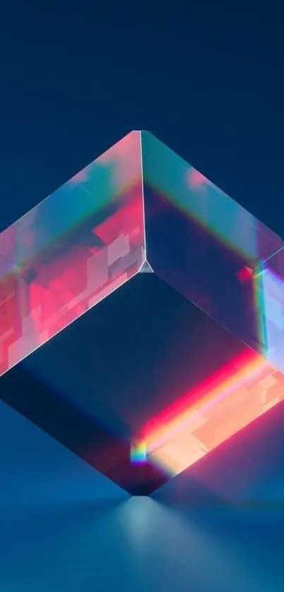 3D neon geometric cube artwork with dark blue background.