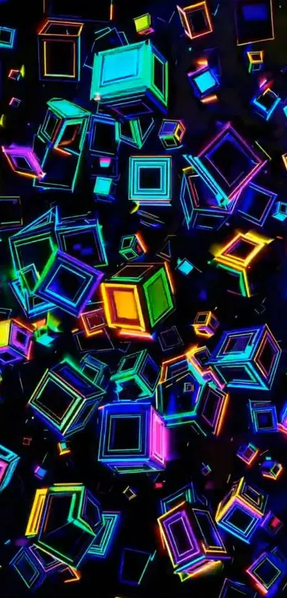 Colorful 3D geometric cubes wallpaper on black background.