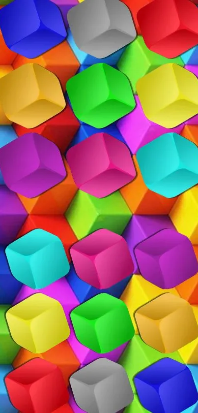 Vibrant and colorful 3D geometric cubes in rainbow hues for a mobile wallpaper.