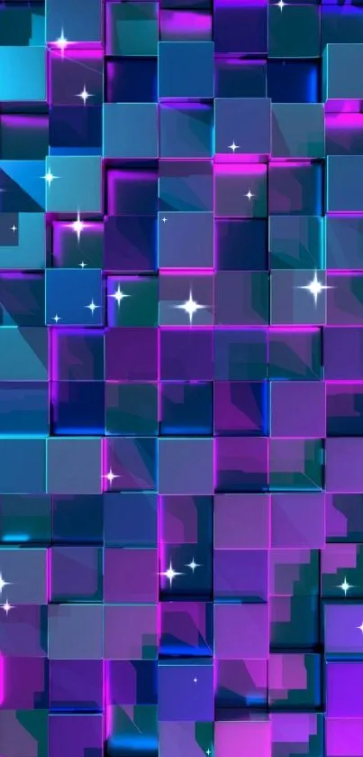 Vibrant 3D geometric wallpaper with blue and purple cubes.