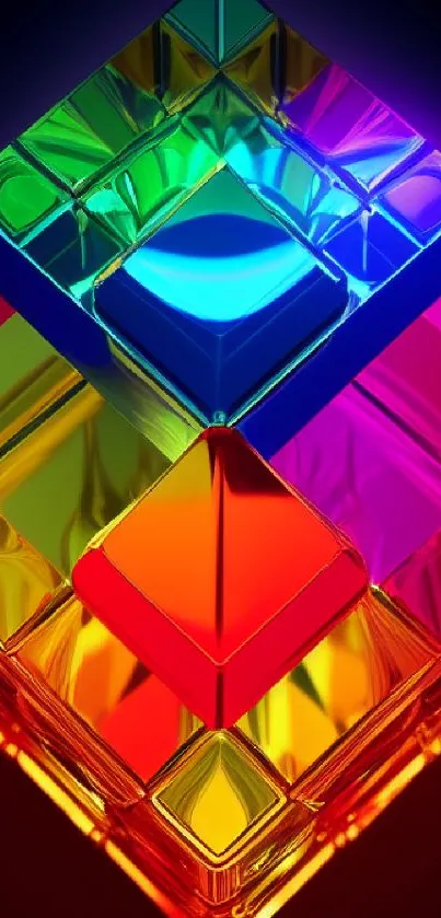 Vibrant 3D geometric wallpaper with colorful cubes glowing in the dark.