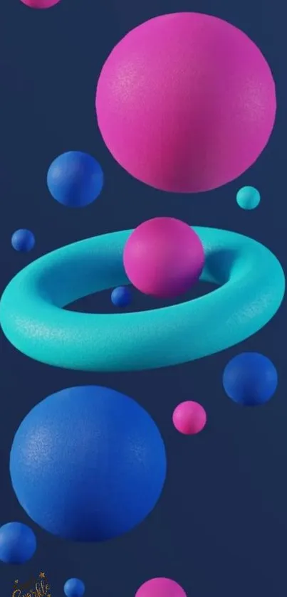 3D vibrant spheres with pink and blue on dark background.