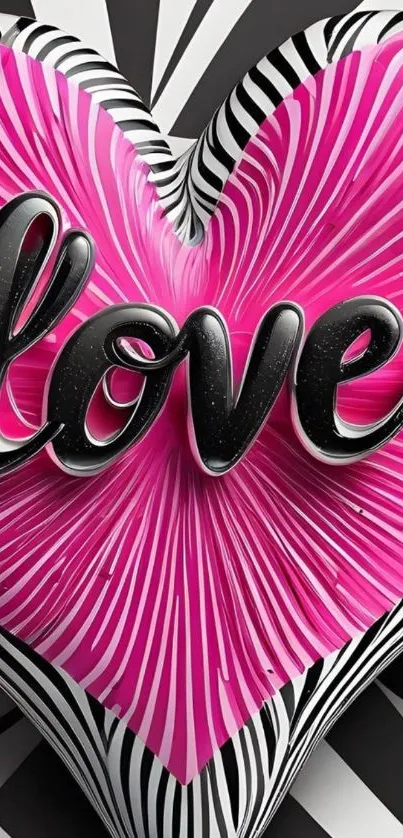 3D heart with love text in vibrant colors.