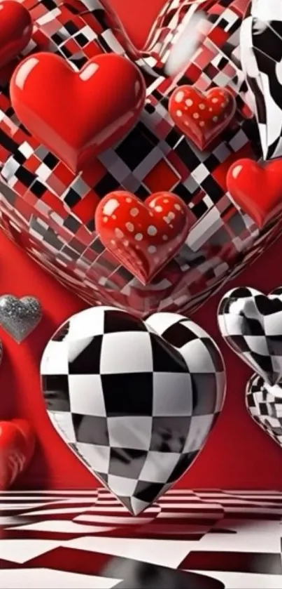 3D red and black heart pattern wallpaper with checkerboard design.