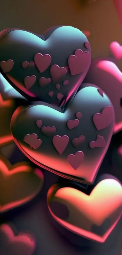 3D glowing hearts with vibrant colors in an abstract wallpaper design.