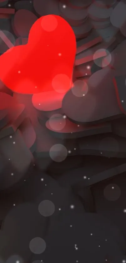 3D heart wallpaper with red glowing hearts on a dark background.