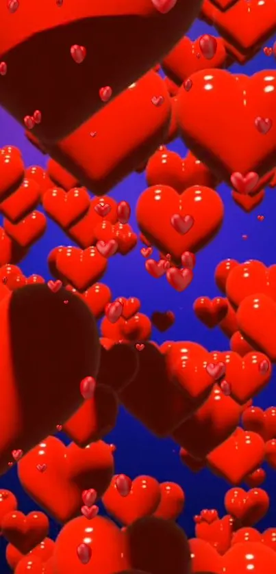 Vibrant 3D red hearts with blue backdrop.