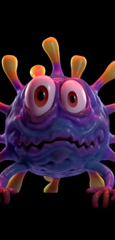 Colorful 3D cartoon monster on a black background.