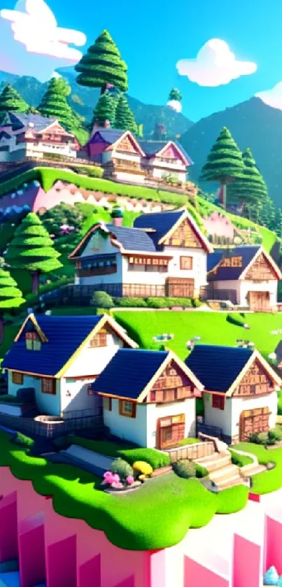 3D vibrant mountain village with colorful houses and trees on a smartphone wallpaper.