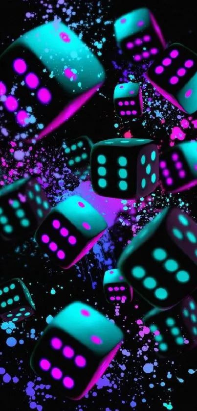 3D neon dice with vibrant splashes on black background.