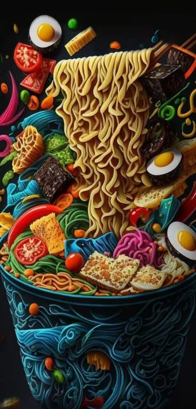 Colorful 3D noodle art wallpaper with vibrant food design.