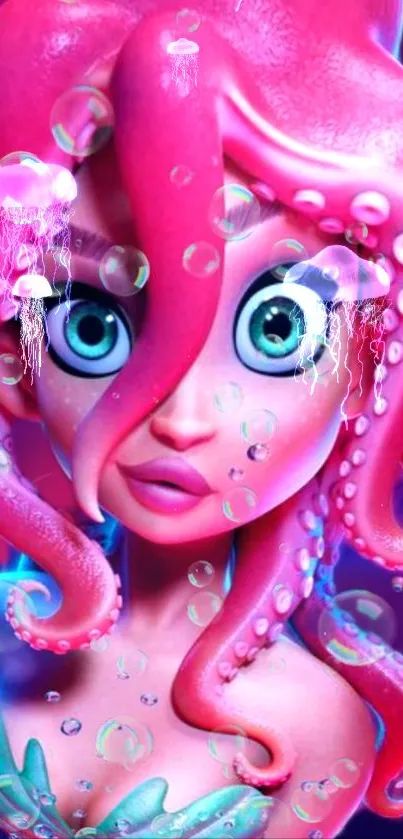 3D octopus girl with pink hair and big eyes in a playful illustration.