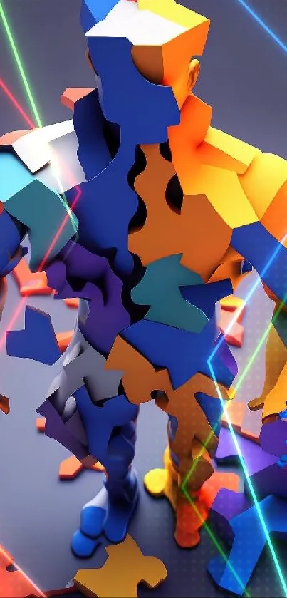 3D puzzle art with vibrant colors and an abstract human figure.