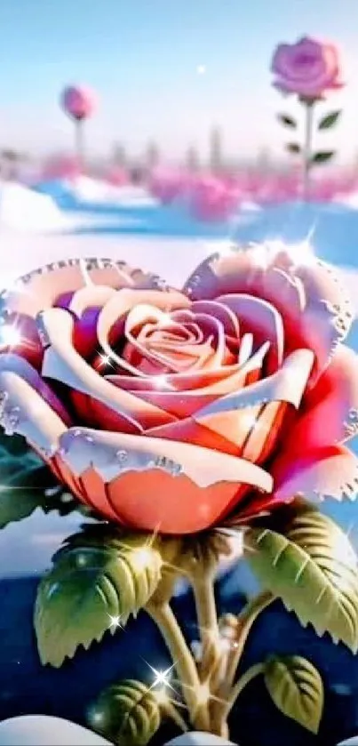 3D rose in snow with vibrant colors and leafy greens.