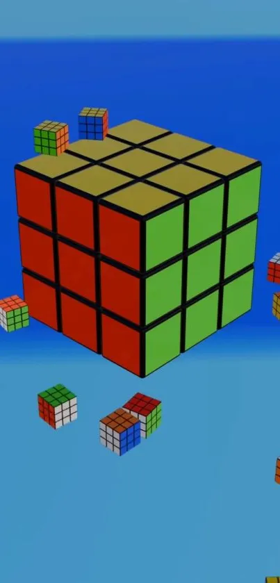 3D Rubik's cube with colorful blocks floating in a blue background.