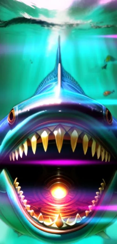 Vibrant 3D shark with glowing eyes and underwater effect.