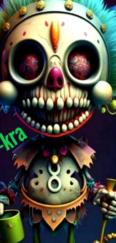 Vibrant 3D skull clown wallpaper with colorful and surreal elements.