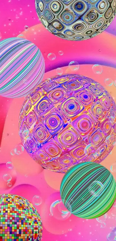 Colorful 3D spheres on a pink abstract background.