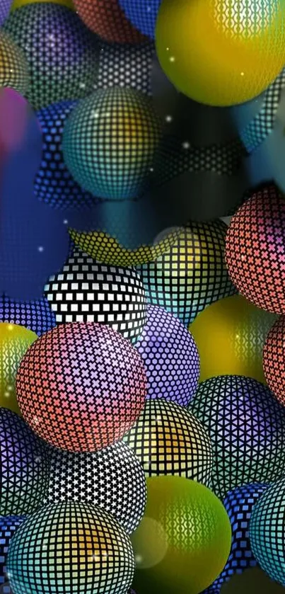 Vibrant and colorful 3D spheres on a multicolored wallpaper background.