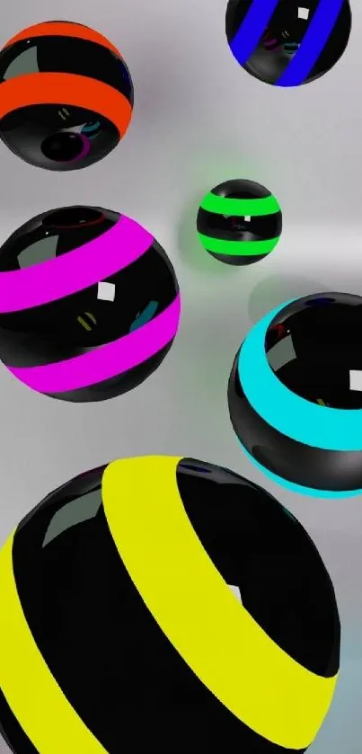 3D black spheres with vibrant neon stripes on a mobile wallpaper.