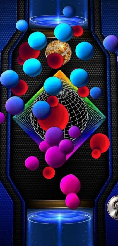 Colorful 3D spheres with geometric design on a blue background.