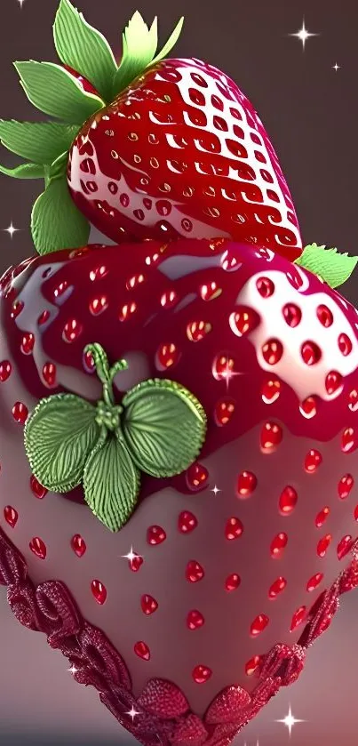 3D rendered vibrant strawberry with green leaves on a mobile wallpaper.