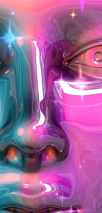 Colorful 3D surreal face wallpaper with pink and teal tones.