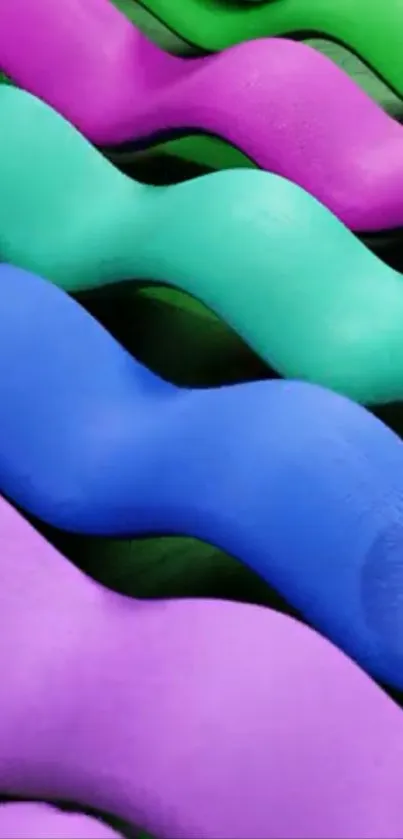 Colorful 3D wave pattern wallpaper with green, blue, and purple tones.