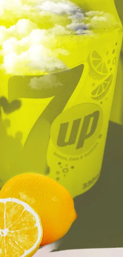 Colorful 7up lemon and cloud-themed phone wallpaper.